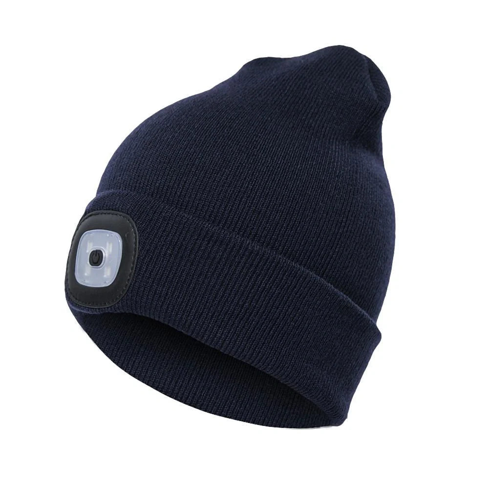 LED Knit Hat with built-in light for night visibility, made from 100% wool