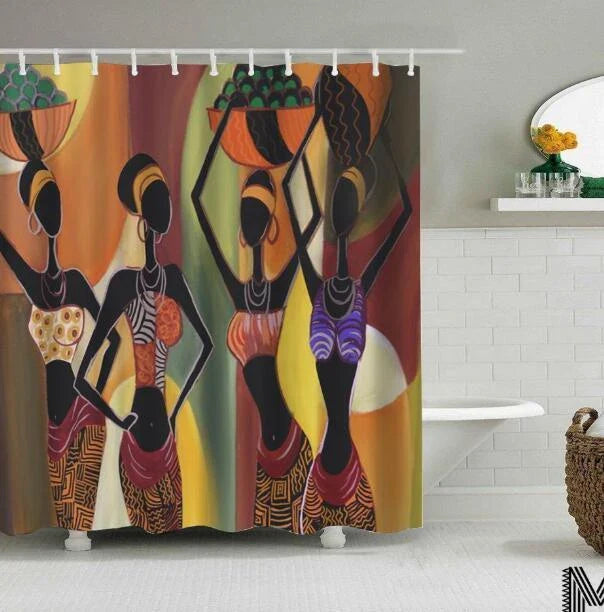 Vibrant African-inspired shower curtain with portrait of a beautiful African girl wearing earrings and bold hairstyle
