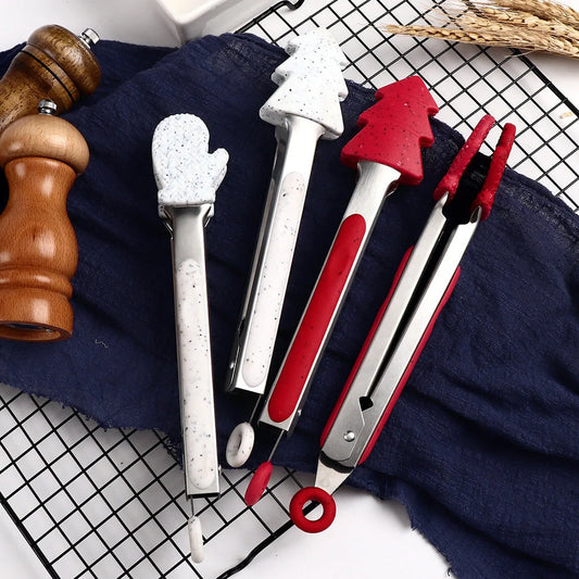 Christmas silicone kitchen tongs with festive designs for BBQ, bread, and salads