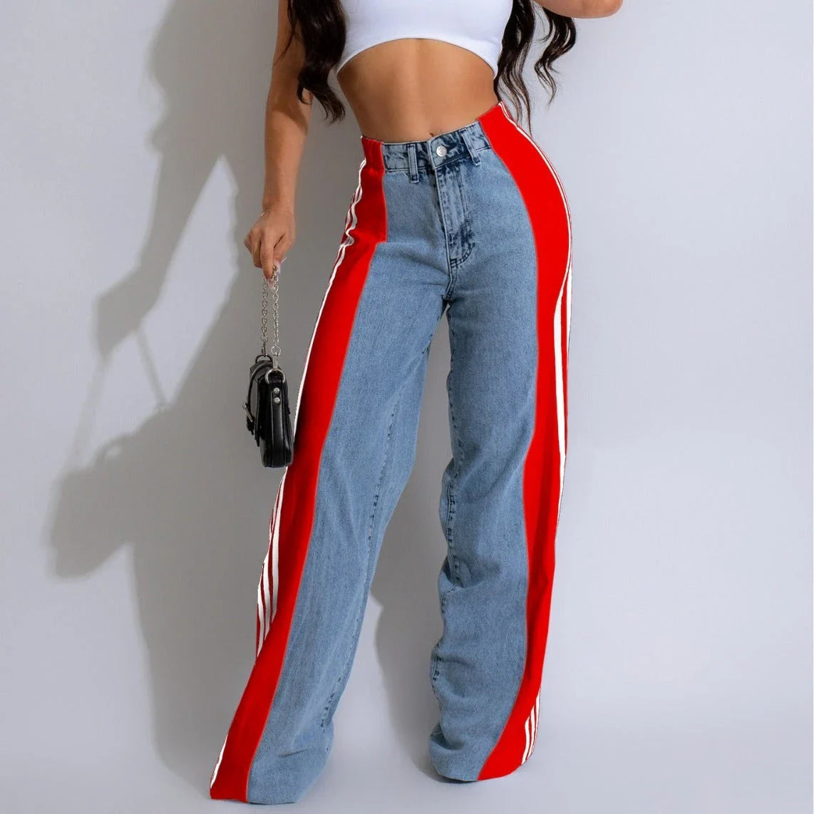 Stylish high-waist denim pants with patchwork details, available in a range of trendy color combinations