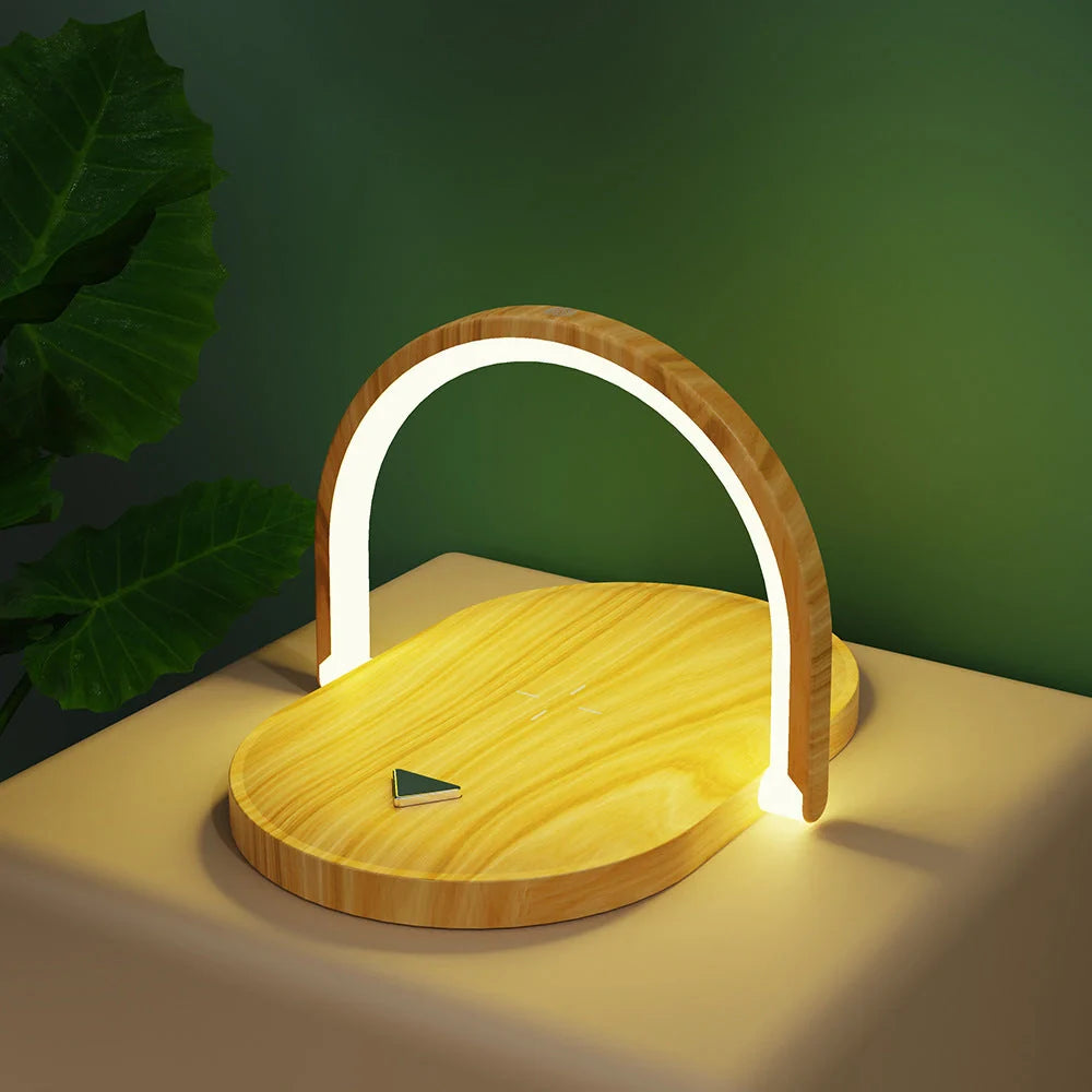 Foldable Wireless Charger with adjustable LED night light in white, black, green, and wood grain