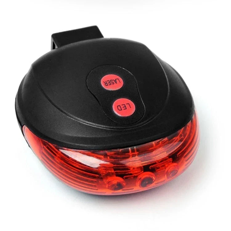 Bicycle tail light with 5 LED lights and 2 laser beams for enhanced visibility and safety on the road