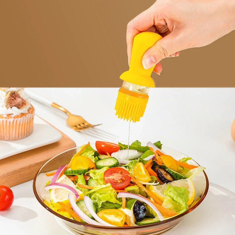 2-in-1 oil dispenser with silicone brush for BBQ and cooking, available in yellow, green, and brown