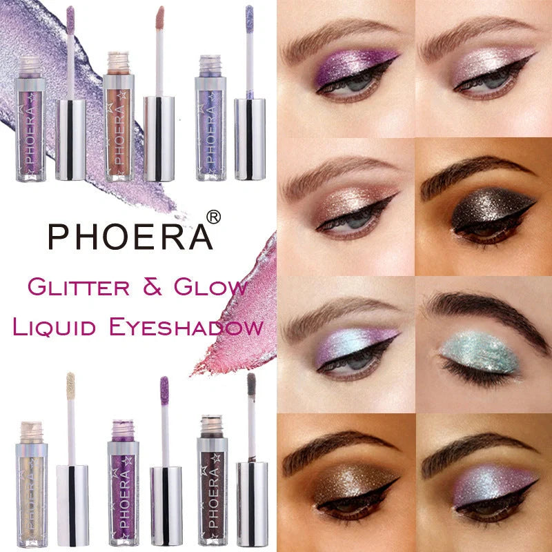 PHOERA Glitter & Glow Liquid Eyeshadow set showcasing 12 vibrant colours with 3D metallic effects