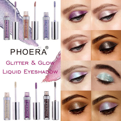 PHOERA Glitter & Glow Liquid Eyeshadow set showcasing 12 vibrant colours with 3D metallic effects