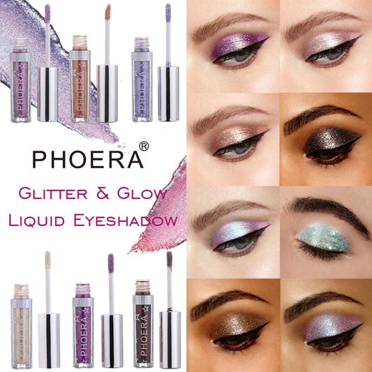 PHOERA Glitter & Glow Liquid Eyeshadow set showcasing 12 vibrant colours with 3D metallic effects