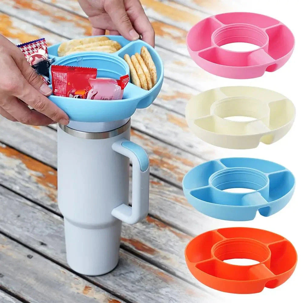 Silicone snack tray with four compartments designed to fit 40 oz tumblers, available in various colors