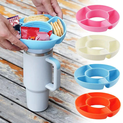 Silicone snack tray with four compartments designed to fit 40 oz tumblers, available in various colors