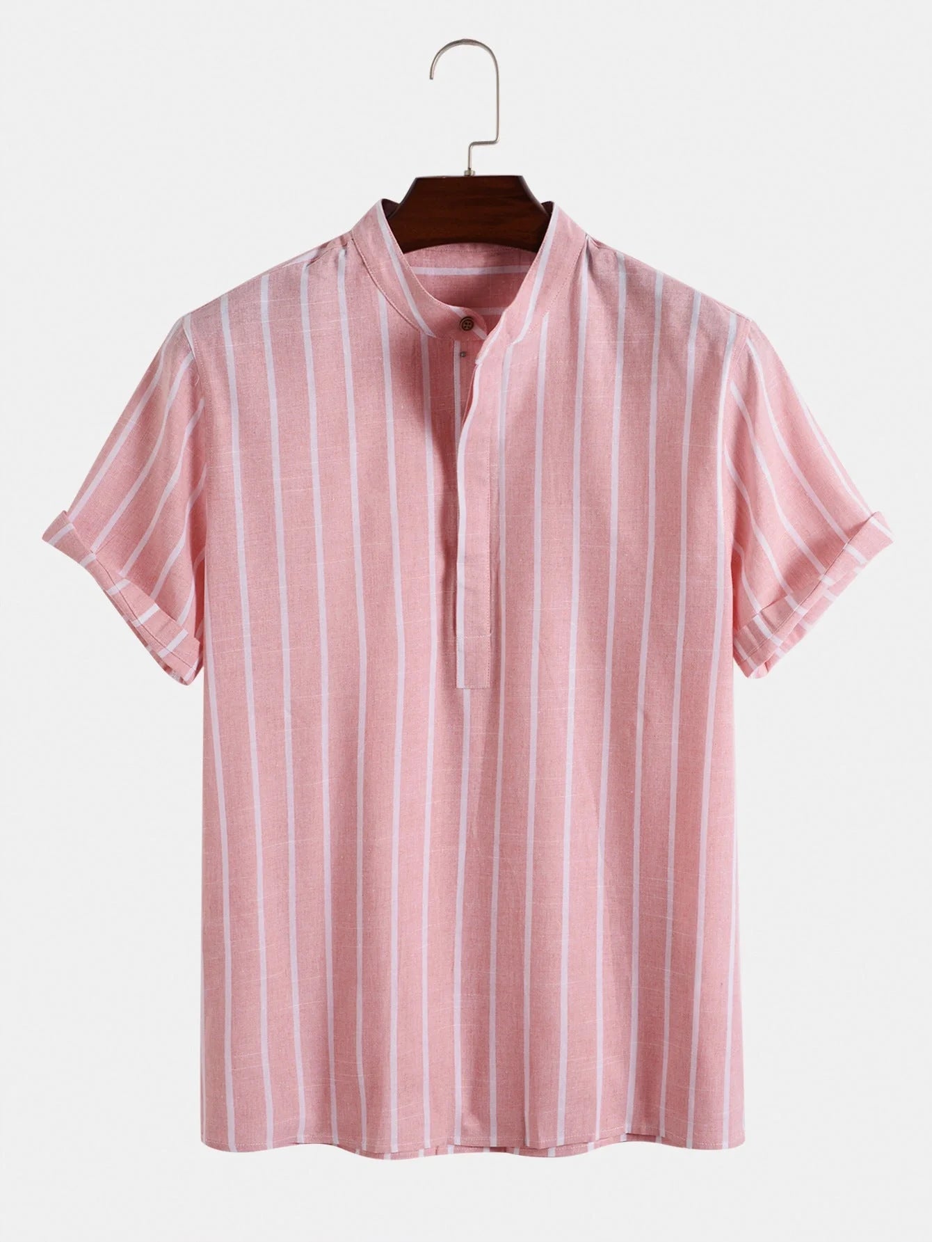 Men's striped cotton short sleeve shirt in white, red, grey, and blue