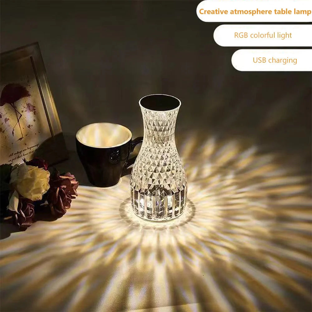 Vase Shape Atmosphere Crystal Lamp with USB charging and remote control on a bedside table