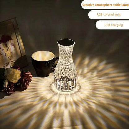 Vase Shape Atmosphere Crystal Lamp with USB charging and remote control on a bedside table