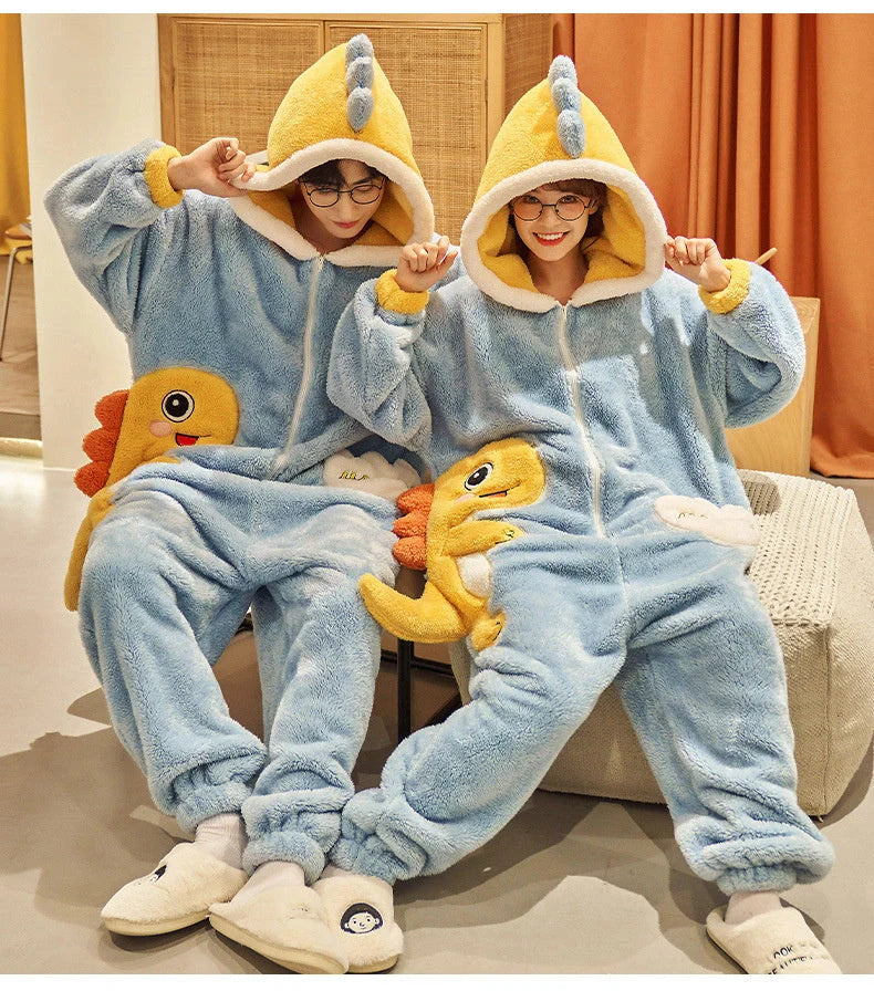 Cartoon design coral fleece winter jumpsuit for women and men