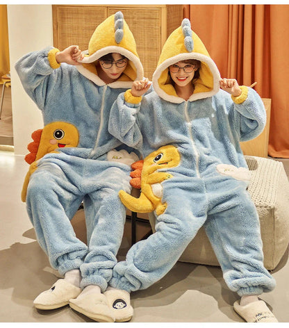Cartoon design coral fleece winter jumpsuit for women and men