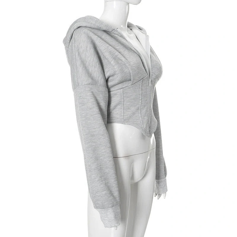 Slim-fit zipper hoodie cardigan for women in grey and white