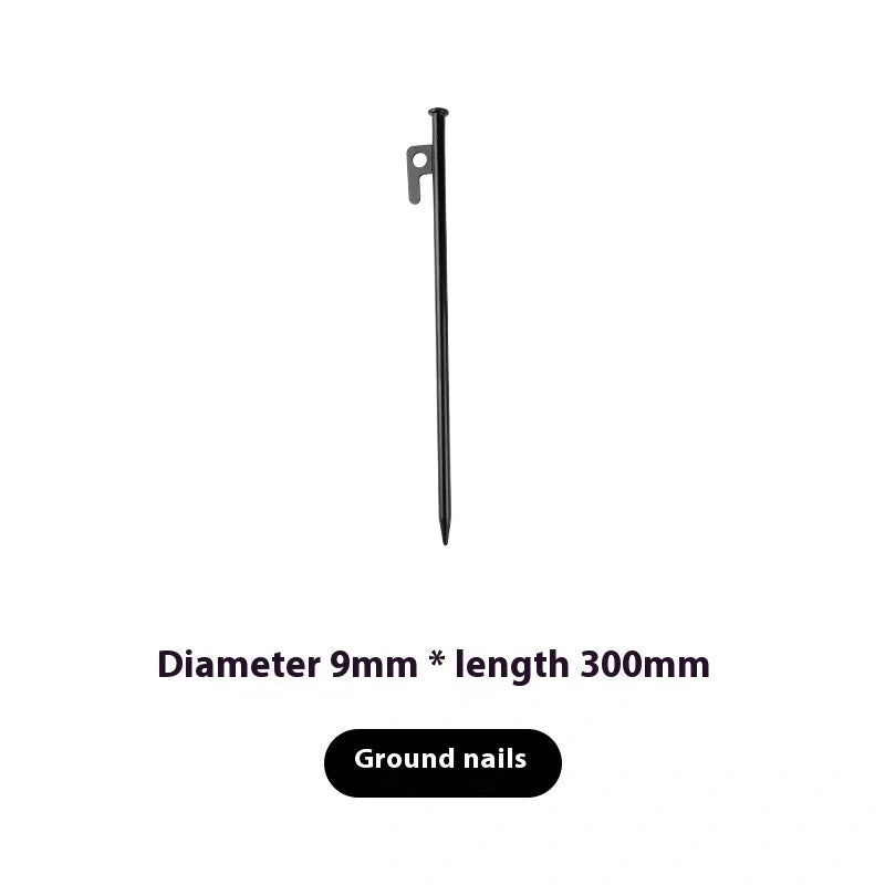 Sturdy black steel camping peg for secure tent pitching, 30cm in length
