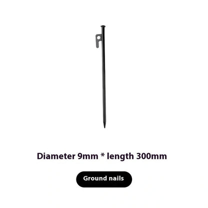 Sturdy black steel camping peg for secure tent pitching, 30cm in length