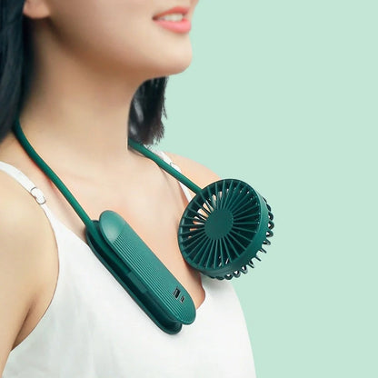 Rechargeable handheld fan in white, blue, and green with 2000mAh battery and silent operation