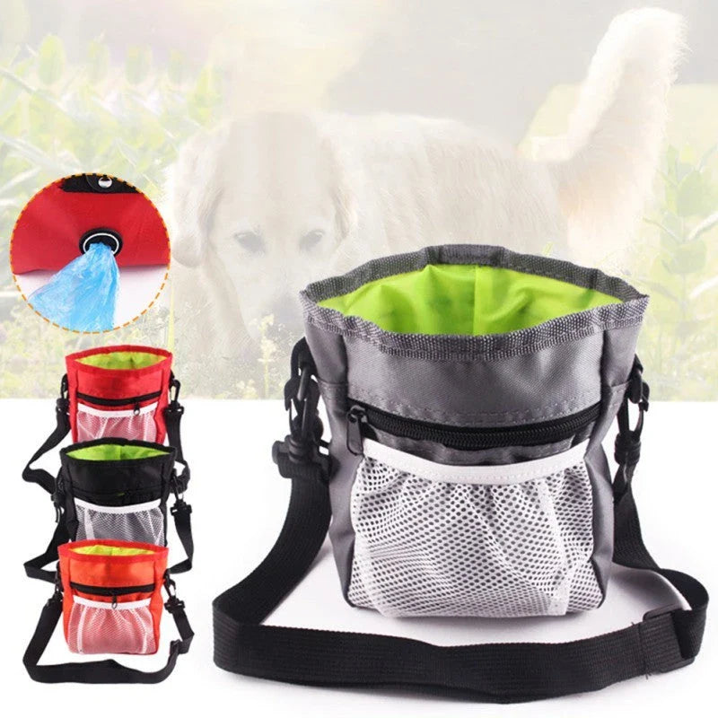 Durable dog walking pouch with drawstring pocket, adjustable belt buckle, and spacious design for carrying essentials