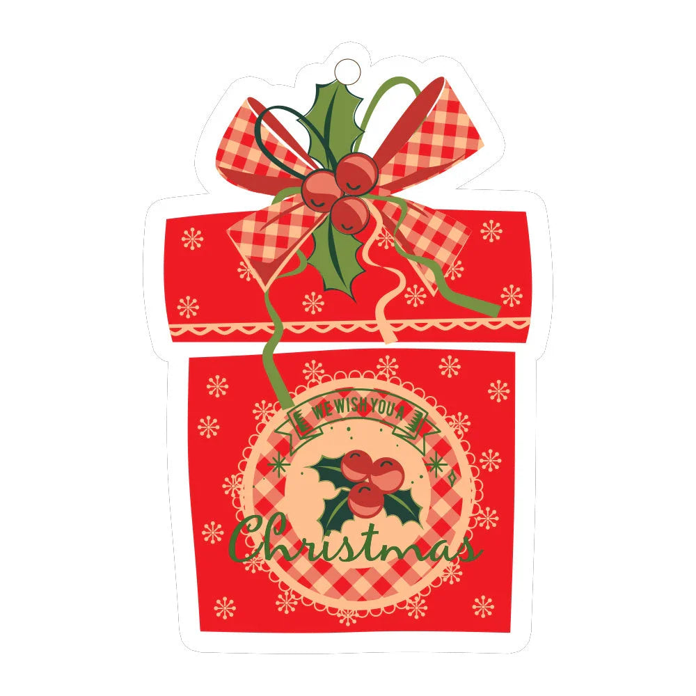 Festive car ornament hanging from rearview mirror with Christmas designs