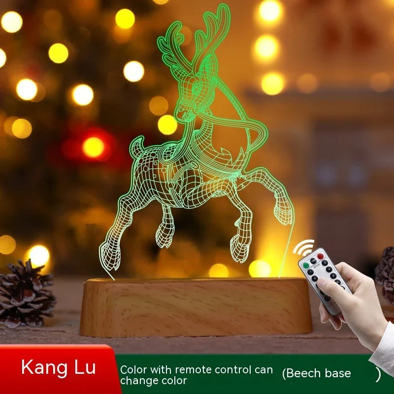 3D acrylic Christmas lights with various holiday-themed designs, including Christmas trees, elks, and Christmas dwarfs, providing warm, ambient lighting.