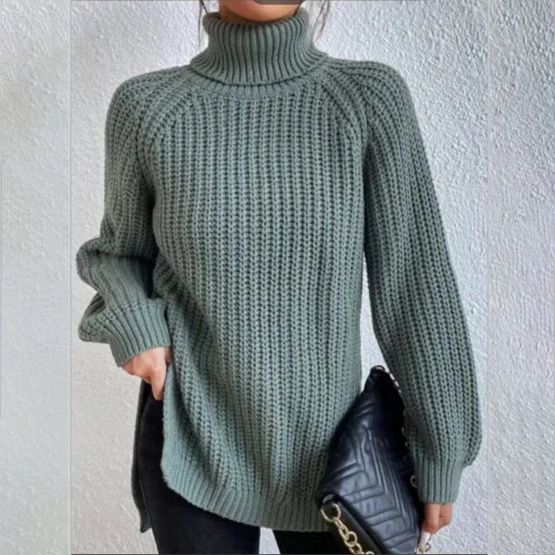 A stylish turtleneck pullover sweater with a unique split design, available in a variety of classic colours and sizes.