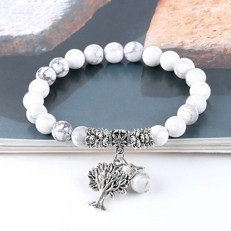 Vintage frosted white pine bead bracelet with 8mm white turquoise beads
