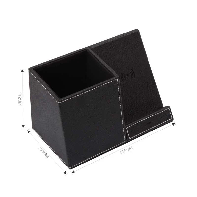 Premium Leather Wireless Charging Station with Pen Holder - Sleek and Versatile Desk Accessory