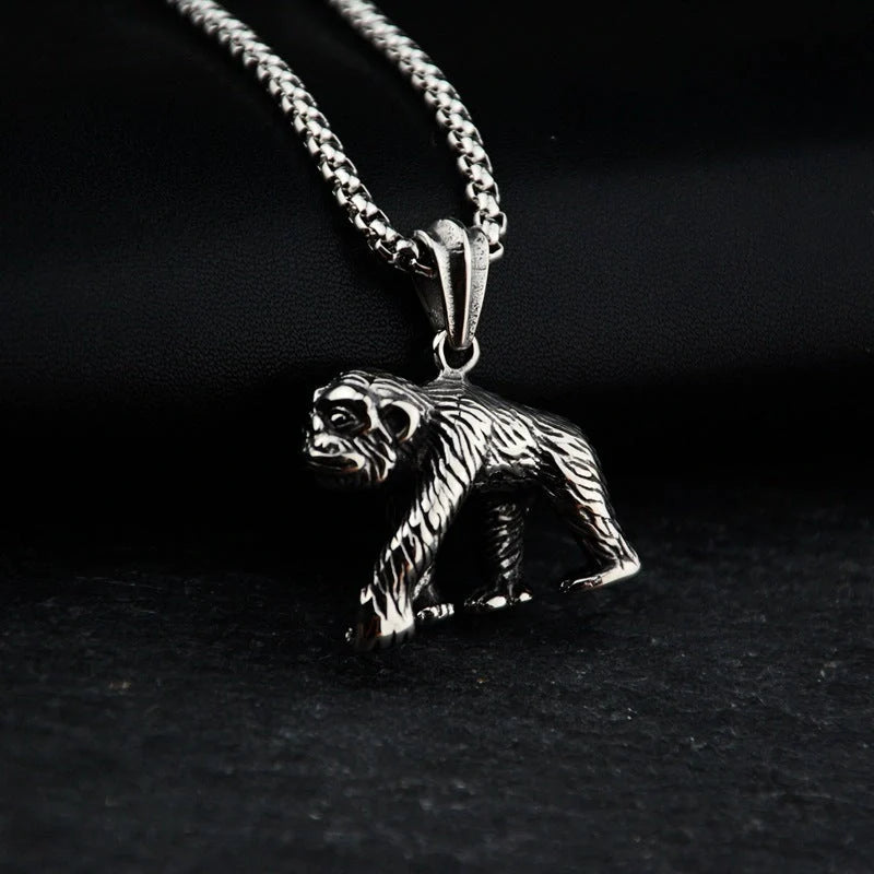 Geometric titanium steel pendant necklace with gibbon monkey design