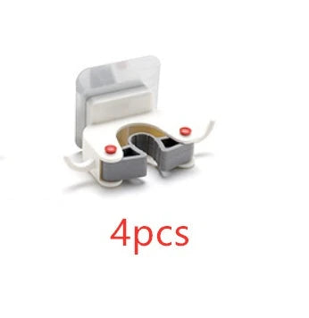 Adhesive wall-mounted mop and broom holder with double hooks for storing cleaning tools, available in multiple colors.