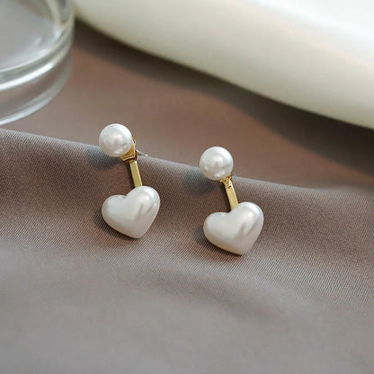 Korean style heart-shaped pearl stud earrings with alloy inlay