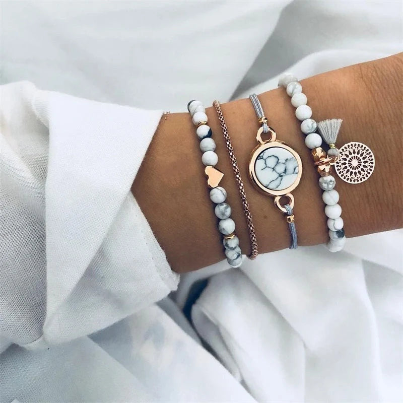 Bead Chain Bracelet Set featuring star and moon design in alloy material