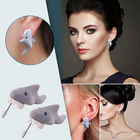 Handmade cartoon shark bite 3D stud earrings for women, unique sea animal jewellery