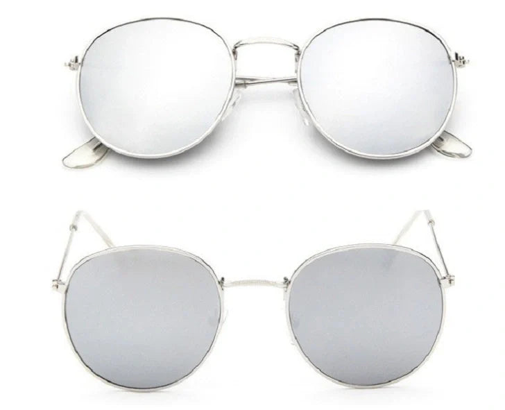 Women's retro metal sunglasses with round frame in gold and silver options