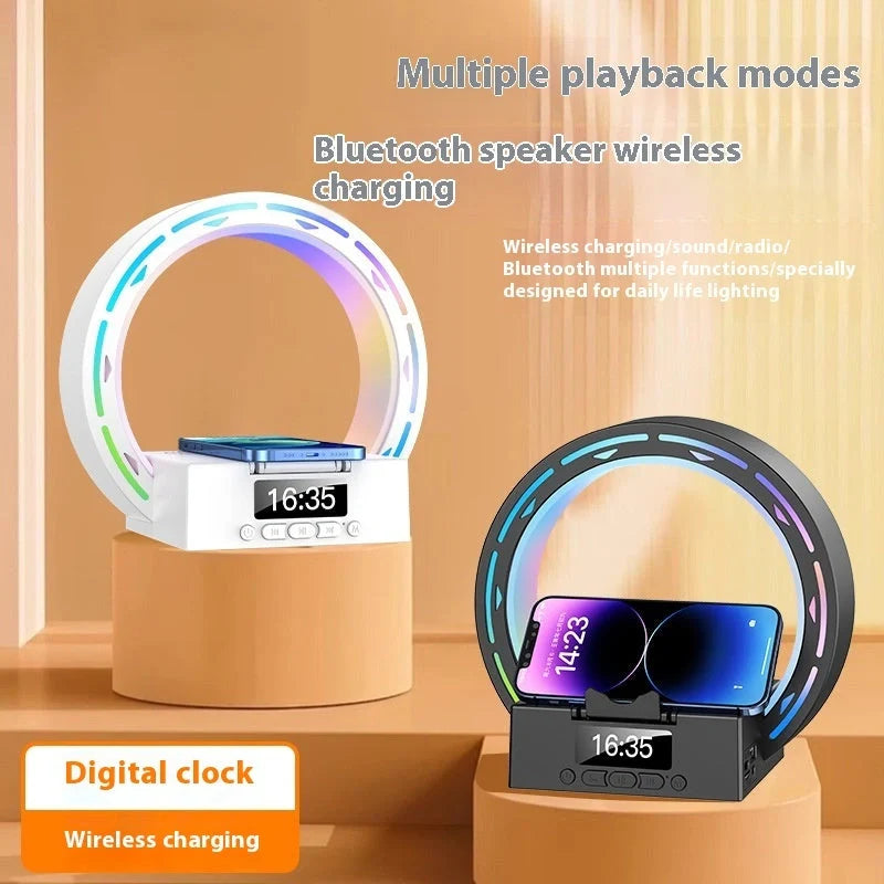 4-in-1 Wireless Bluetooth Speaker with charging pad and alarm clock in white and black