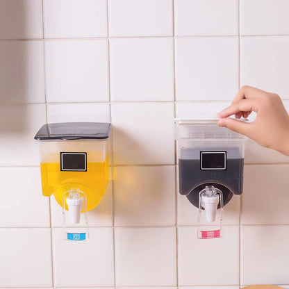 Wall-mounted condiment bottles in white and black, featuring press handle for easy pouring