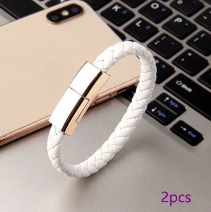 Stylish data cable bracelet in black, white, and brown colors with android, apple, and USB-C connectors