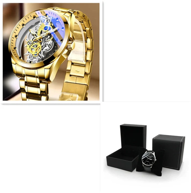 Men's skeleton automatic quartz watch with gold finish and mineral glass face