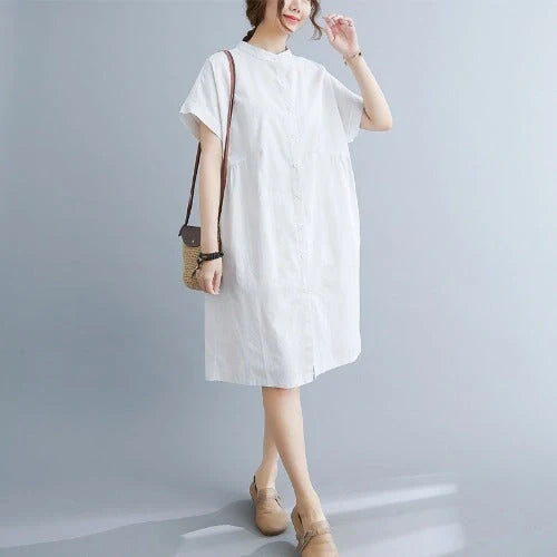 Women's cotton-linen stand collar short sleeves dress in black and white
