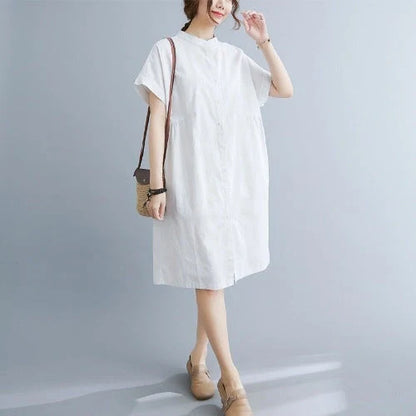 Women's cotton-linen stand collar short sleeves dress in black and white