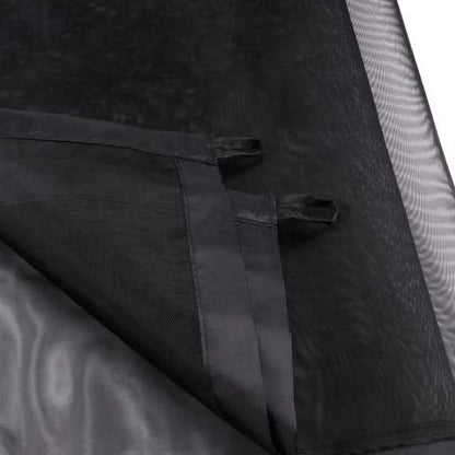 Versatile foldable pet safety barrier made of durable mesh fabric and stainless steel for use in doorways, walls, and stairs