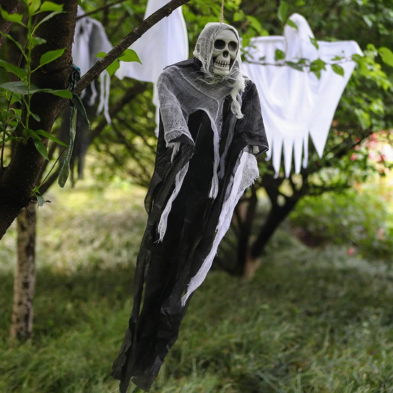 Skeleton Hanging Ghost Halloween Decoration floating eerily in the wind