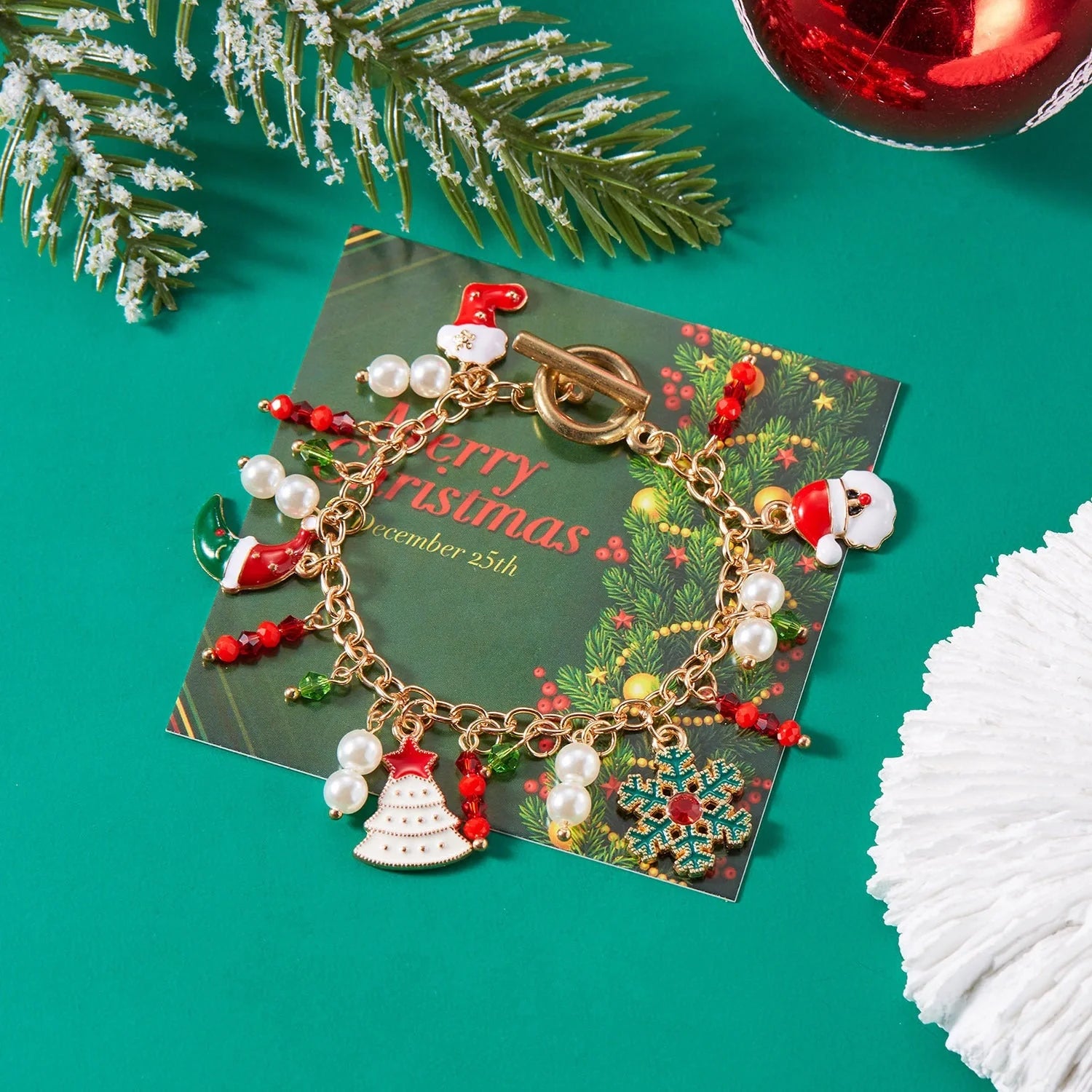 Festive Christmas bracelet with charms of a Christmas tree and Santa Claus, made of premium alloy materials