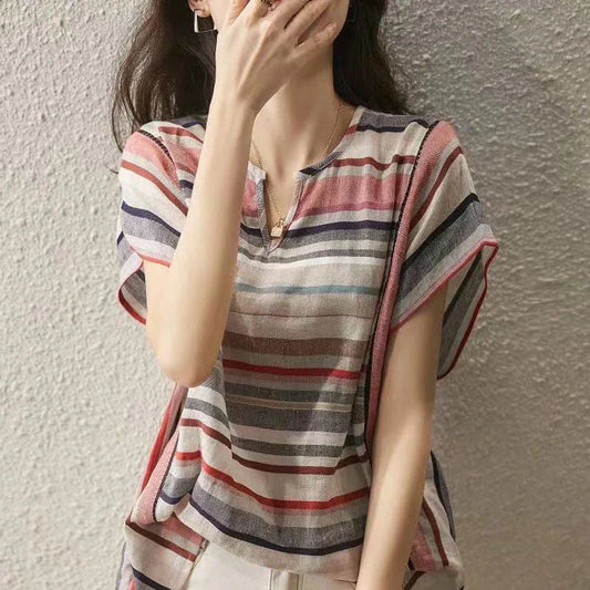 Women's striped V-neck cardigan in loose fit, available in multiple sizes