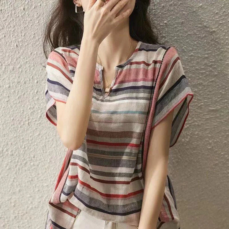 Women's striped V-neck cardigan in loose fit, available in multiple sizes