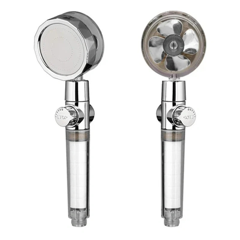 Turbo Propeller Shower Head in various colours with 360-degree fan extension