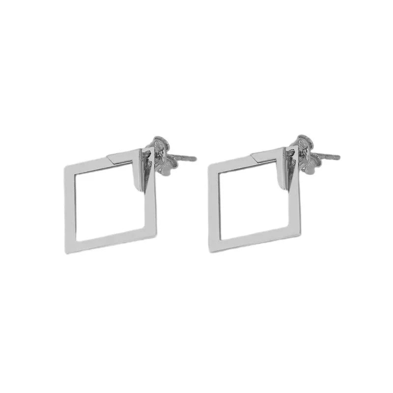 Stylish square geometric titanium steel earrings for women in gold, steel, and rose gold.