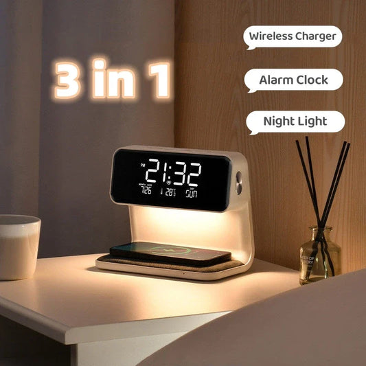 3-in-1 Wireless Charging Bedside Lamp with Adjustable LED Lighting, Alarm Clock, and Wireless Charging Pad