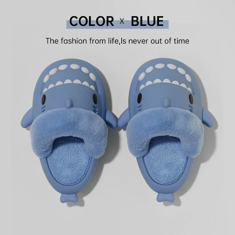 Cozy Shark Slippers with plush, fuzzy interior and thick, non-slip sole for comfortable, warm house shoes