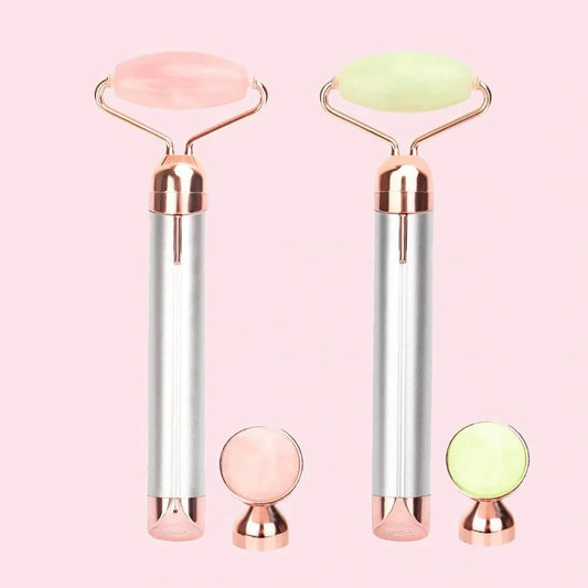 Electric Vibrating Natural Rose Quartz Jade Facial Roller with facial roller and under eye press attachments