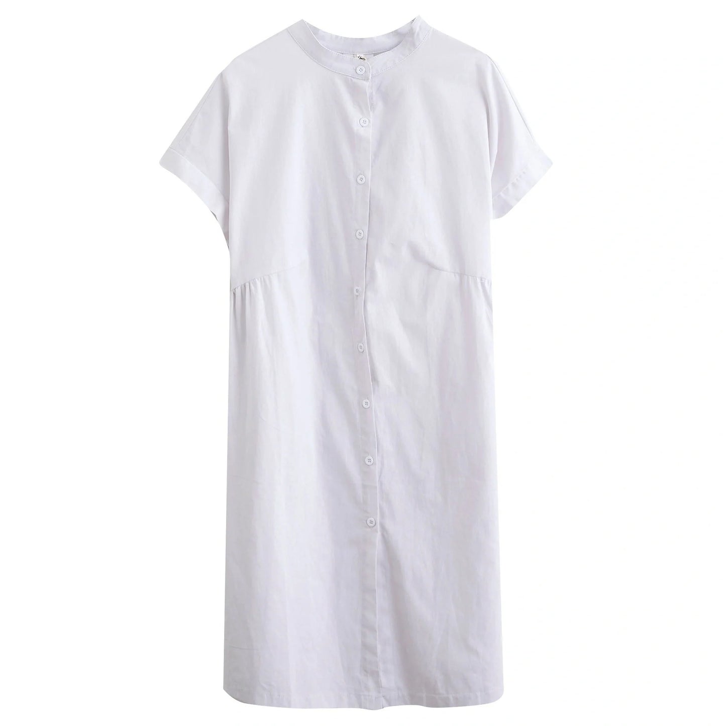 Women's cotton-linen stand collar short sleeves dress in black and white